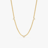 thin handmade cuban chain necklace with three station heart diamonds