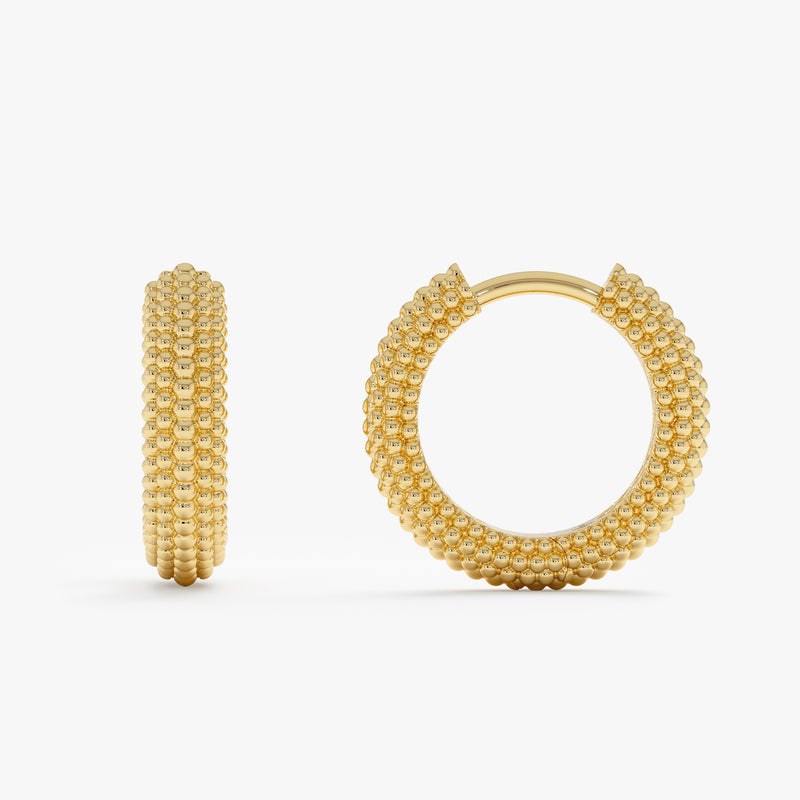 Gold Beaded Hoop Earrings, Solid Gold Textured Huggie Hoops, Dionea