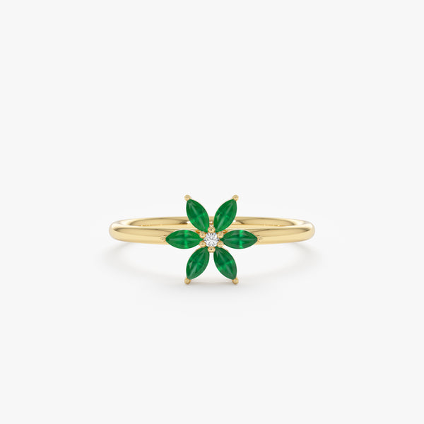 Yellow Gold Emerald Diamond Flower Ring