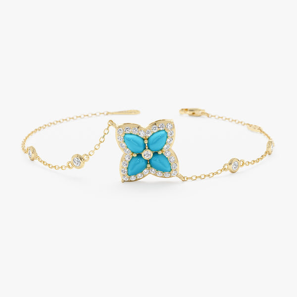 Turquoise Flower Bracelet, Clover Design, Dainty Turquoise, Eirlys