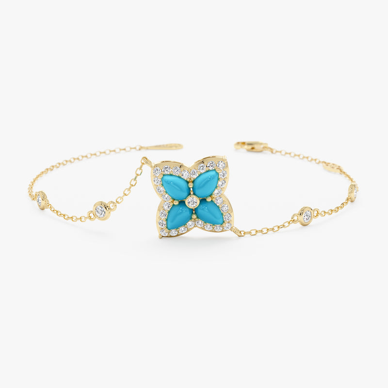 Turquoise Flower Bracelet, Clover Design, Dainty Turquoise, Eirlys