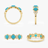 Cymbria Discover effortless sophistication with our Natural Turquoise & Lab Grown Diamond Ring. Crafted in lustrous solid gold, this exquisite band features a captivating arrangement of vibrant square natural turquoise cabochons, each meticulously bezel-s
