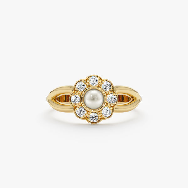 natural pearl and diamond flower ring in yellow gold