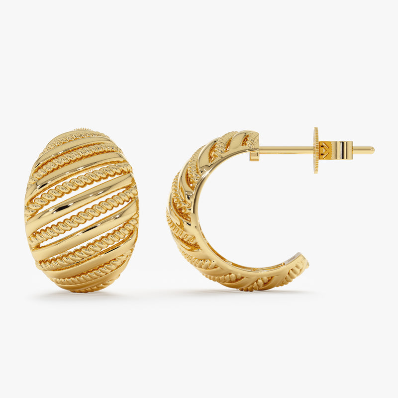 Gold Textured Hoop, Solid Gold Ribbed & Beaded Hoops, Evadne
