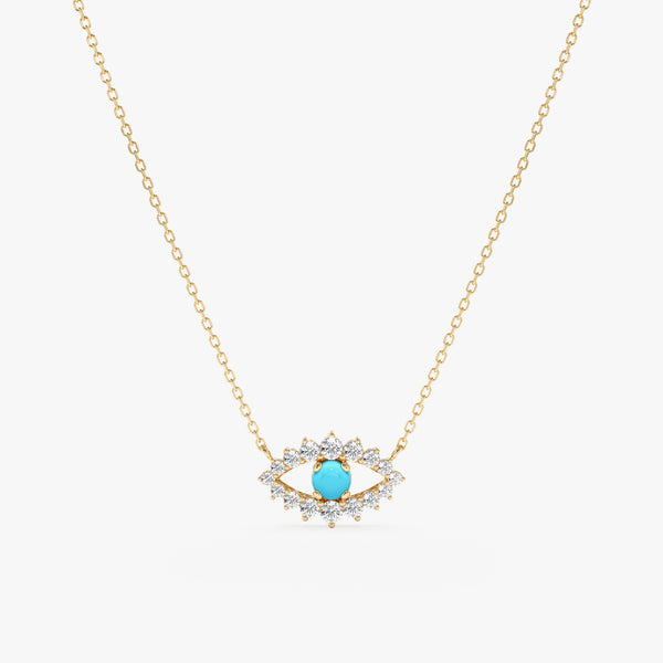 Solid Gold & Natural Turquoise Diamond Evil Eye Necklace, Sansa