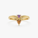 Solid Gold Citrine Amethyst V Ring showcasing vibrant gemstones in a modern design. Elegant ring for unique style.