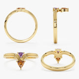 Solid Gold Citrine Amethyst V Ring showcasing a unique 'You and Me' design with vibrant trillion-cut gemstones, crafted in gold.