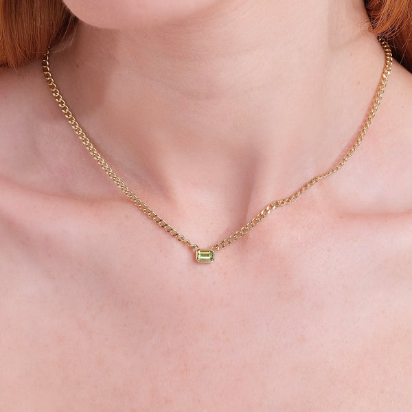 Solid 14k Gold Natural Octagon Peridot Cuban Chain Necklace, Karsyn