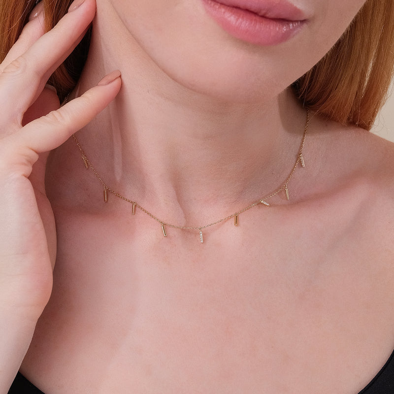 dainty solid gold diamond bar choker necklace for her