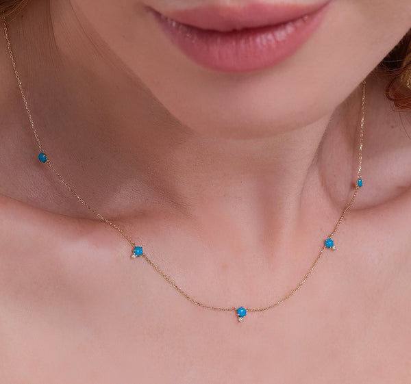 Natural Turquoise & Diamond Station Necklace, Winona