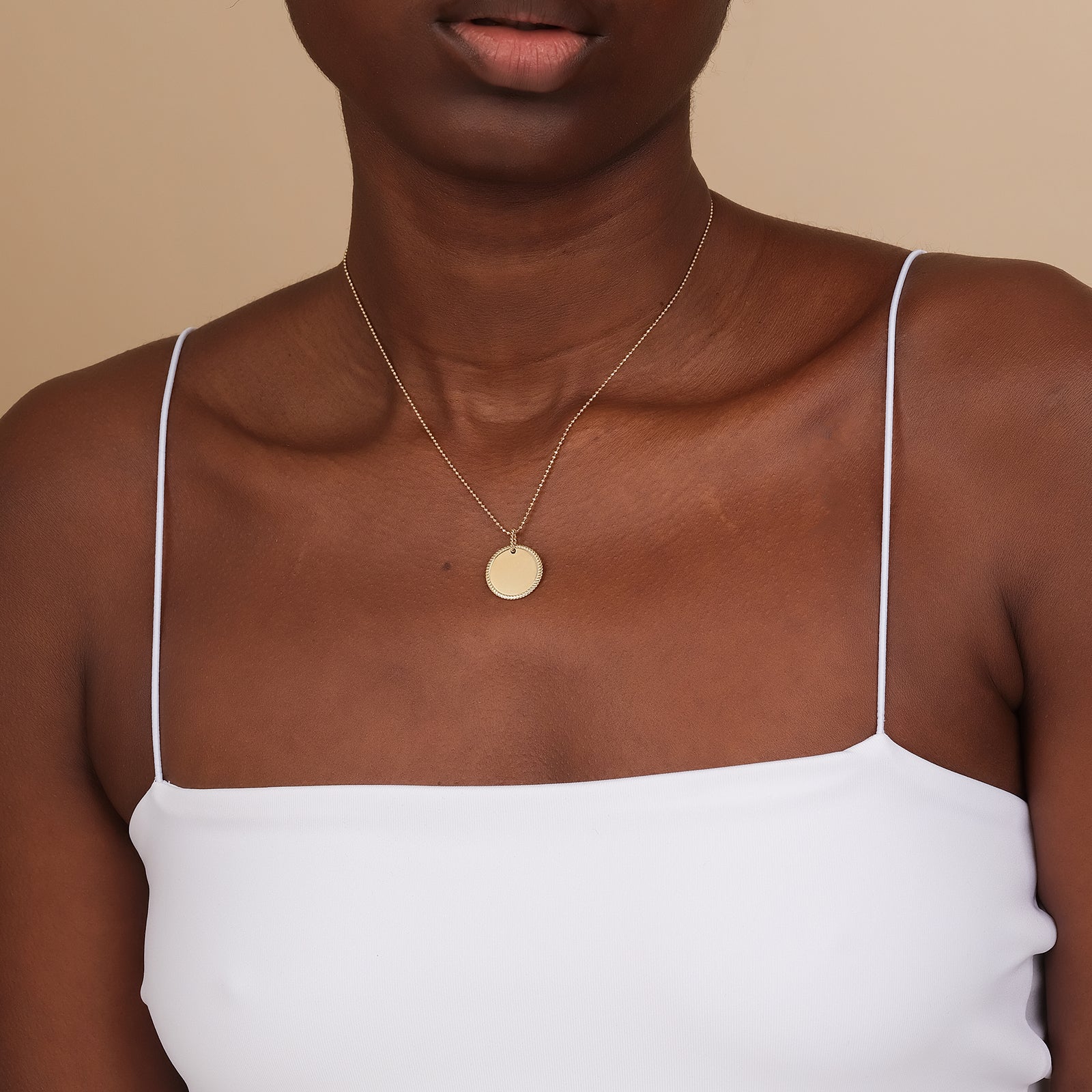 Gold, Twisted Edge Engravable Disc Necklace with Ball Chain