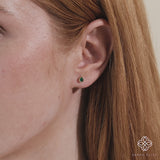 Video close up of pear cut emerald earring stud handcrafted in 14k solid gold. 