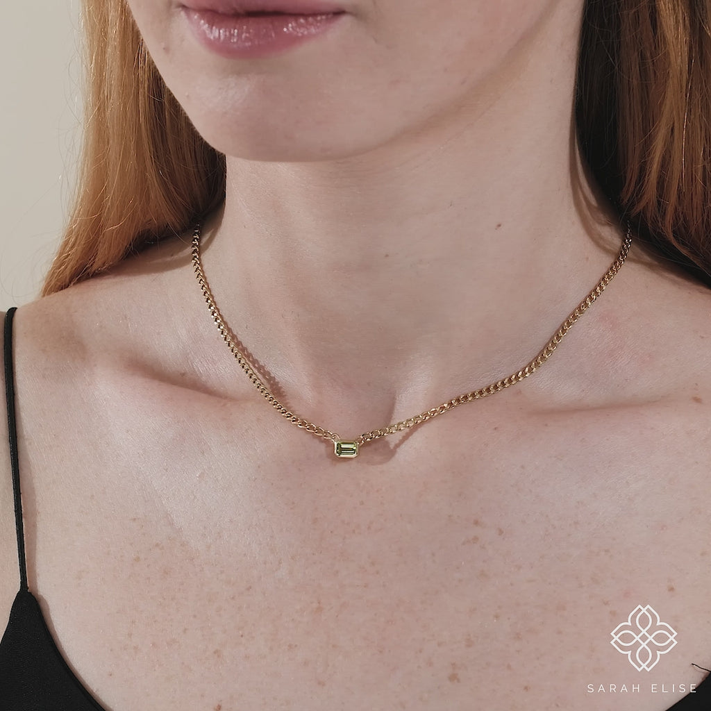 minimalist solid gold cuban chain necklace with green peridot stone for her