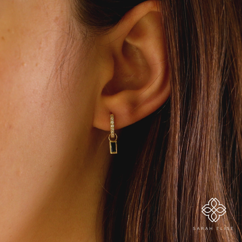 minimalistic style baguette cut black diamond with hoops