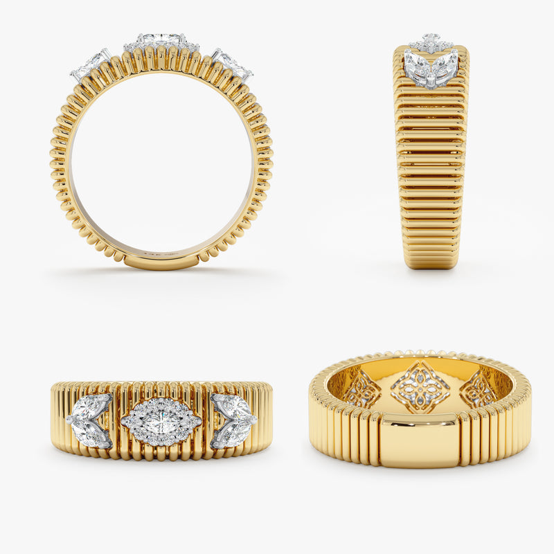 ribbed texture ring with natural marquise cut diamonds
