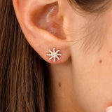 Close up of sun shaped diamond-filled stud earring gift for her. 