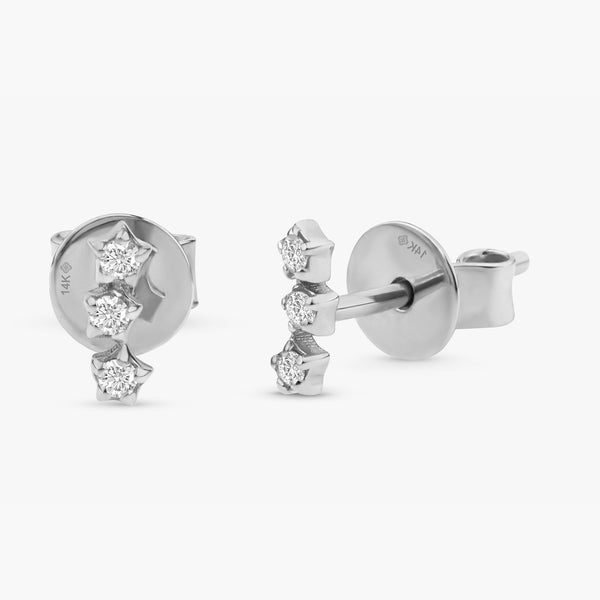 handmade solid 14k White Gold three Diamond Star Earrings