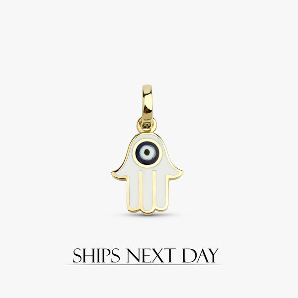 Solid Gold White Enamel Hamsa Charm