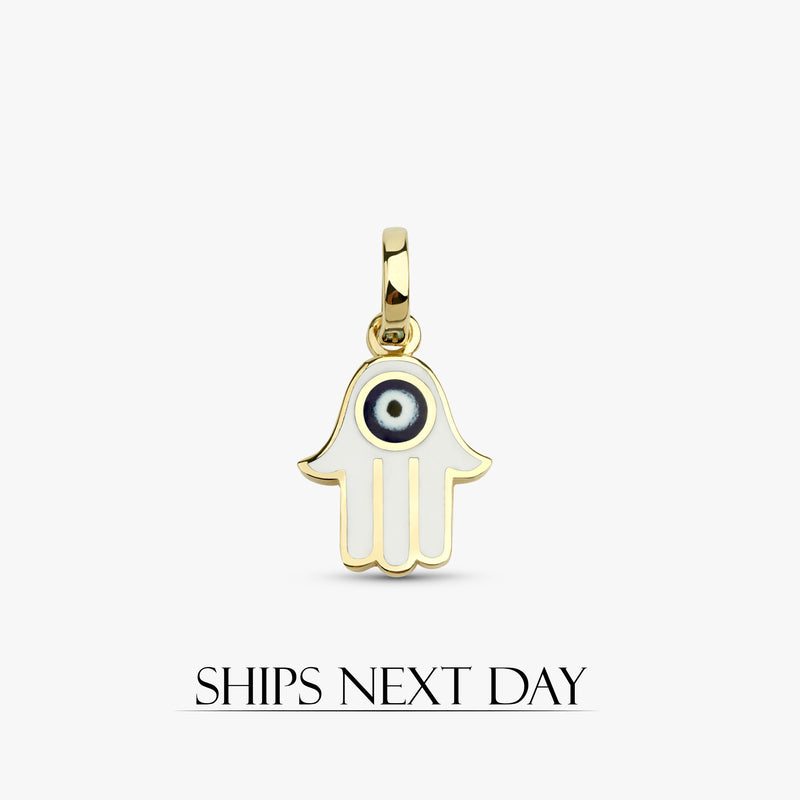Solid Gold White Enamel Hamsa Charm