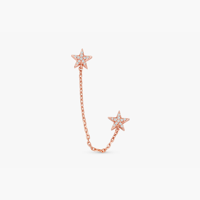 handmade pair of solid 14k rose gold two star stud earrings with chain and diamonds