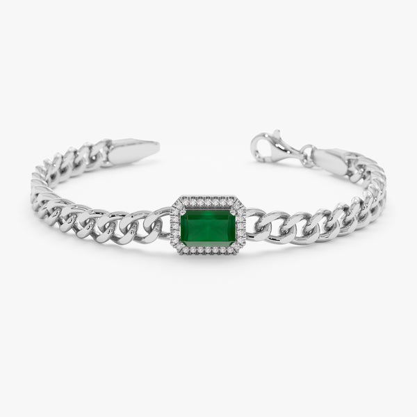 White Gold Cuban Chain Emerald and Diamond Bracelet