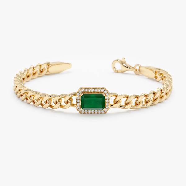 Cuban Chain Diamond and Emerald Bracelet