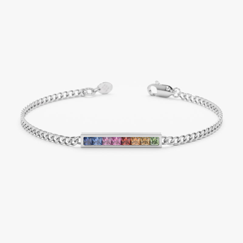 White Gold Rainbow Sapphire Cuban Chain Bracelet