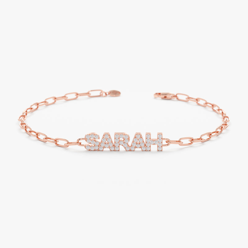 Rose Gold Diamond Name Bracelet with Paperclip Chain 