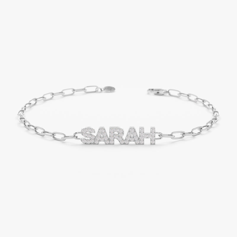 White Gold Diamond Name Bracelet with Paperclip Chain 