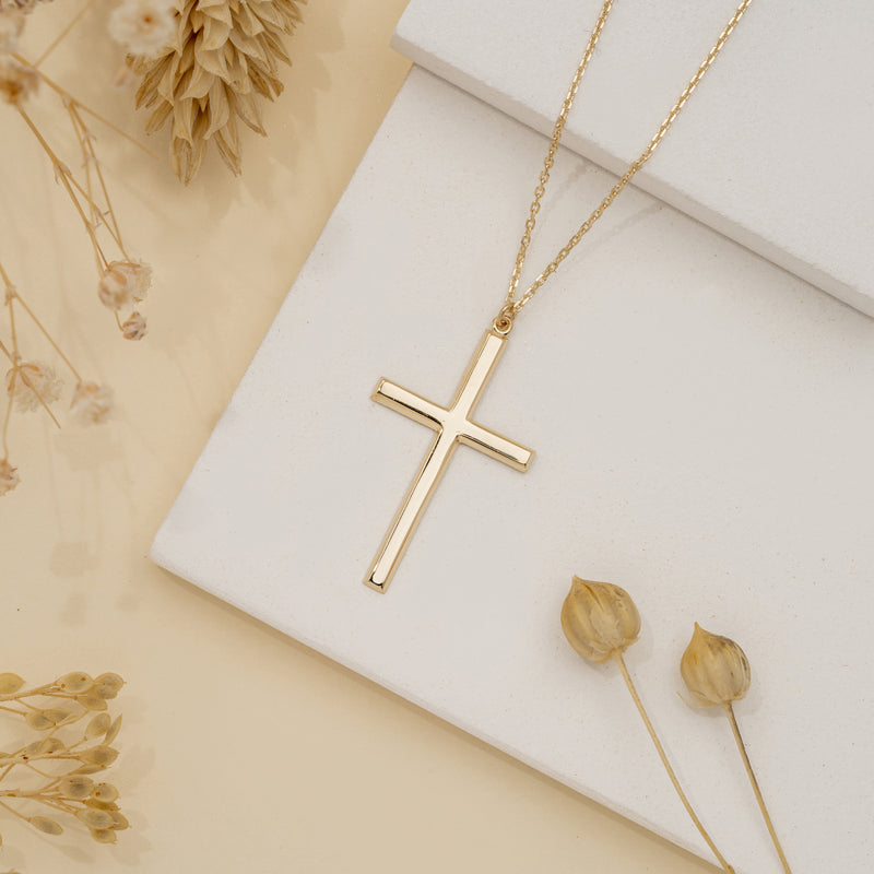 24K Gold Over Sterling Silver Crucifix Necklace in an Engraved Flared Design