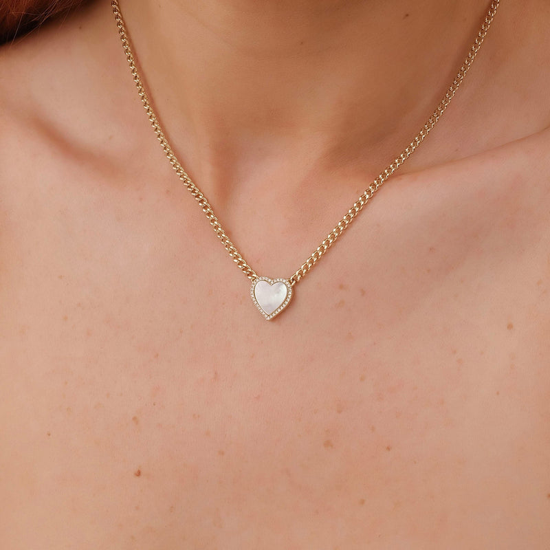 pearl heart pendant with diamonds on cuban chain 