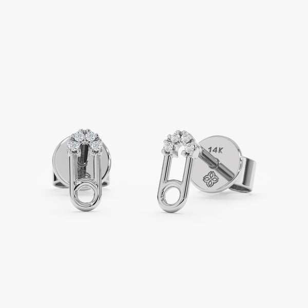 White Gold Diamond Safety Pin Earrings