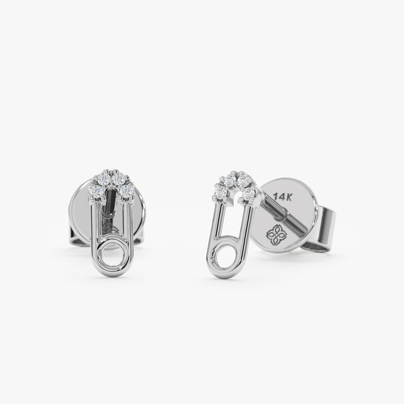 handcrafted pair of White Gold Diamond Safety Pin Earrings