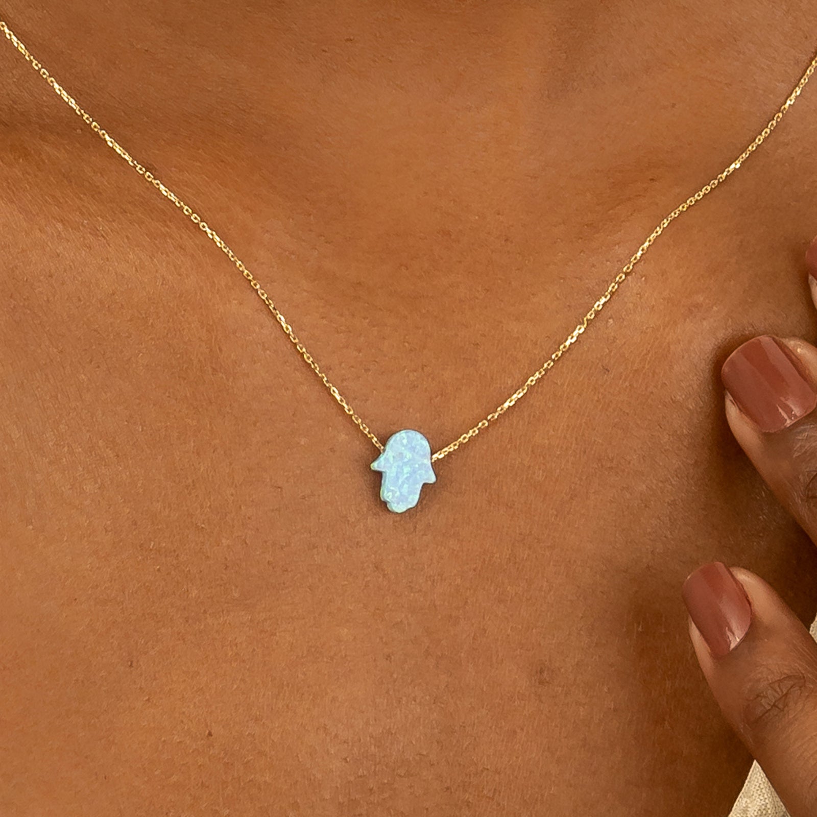 Handcrafted Natural Blue Opal Hamsa Necklace In Solid Gold