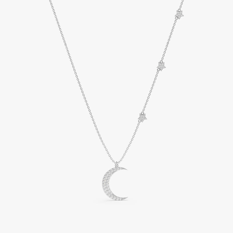White Gold Diamond Crescent and Stars Necklace