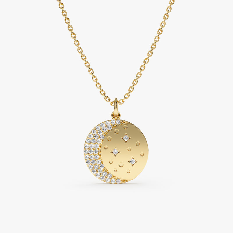 Yellow Gold Diamond Moon and Stars Necklace