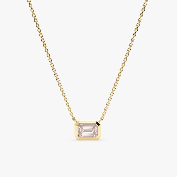 solid Yellow Gold natural emerald-cut Rose Quartz Necklace