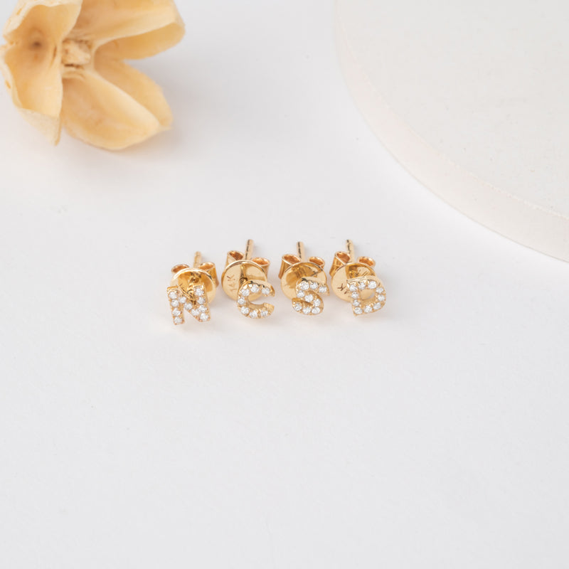 Solid Gold Handmade Diamond Initial Earrings