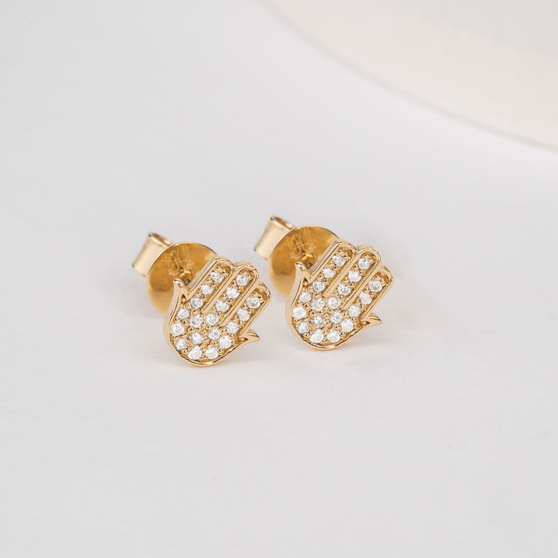 Solid Gold and Diamond Hamsa Studs
