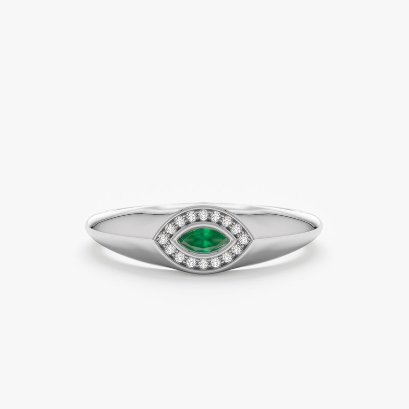 White Gold Emerald Diamond Signet Ring