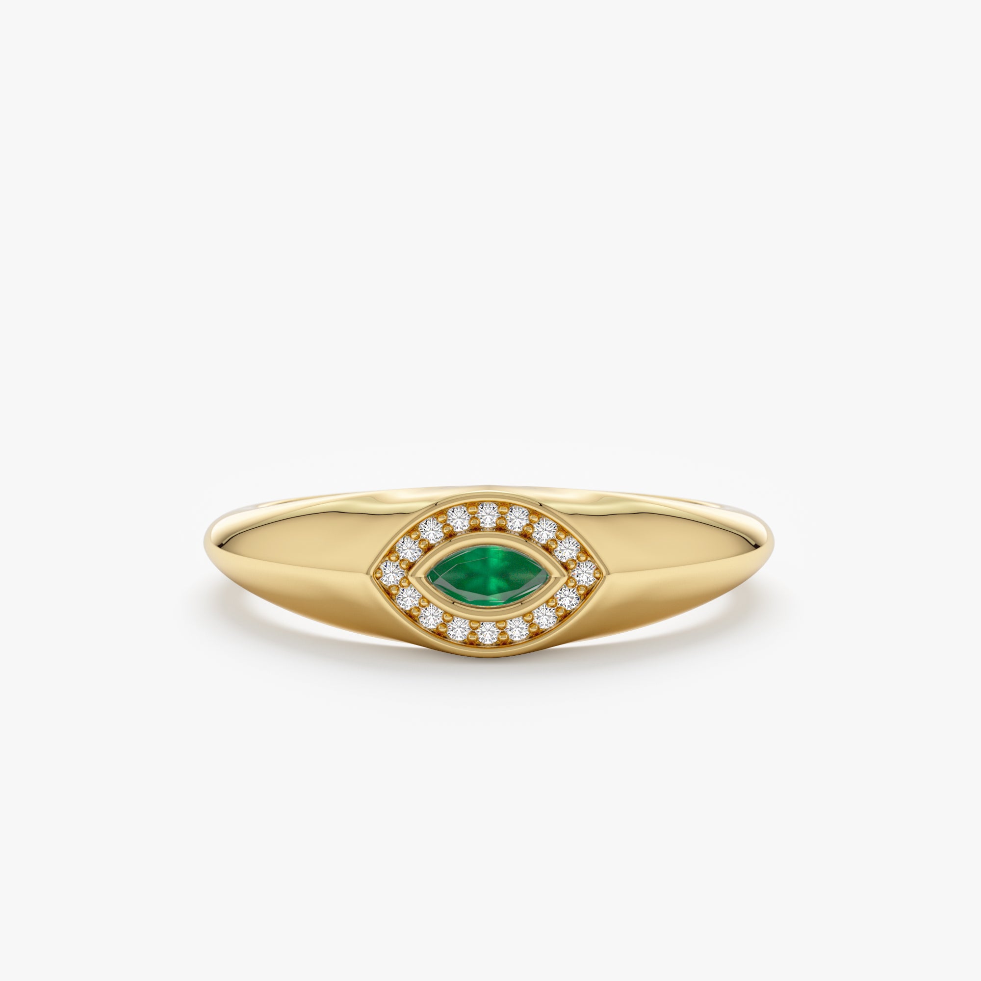 Emerald & Diamond Evil Eye Signet Ring In Solid Gold, Gracelyn