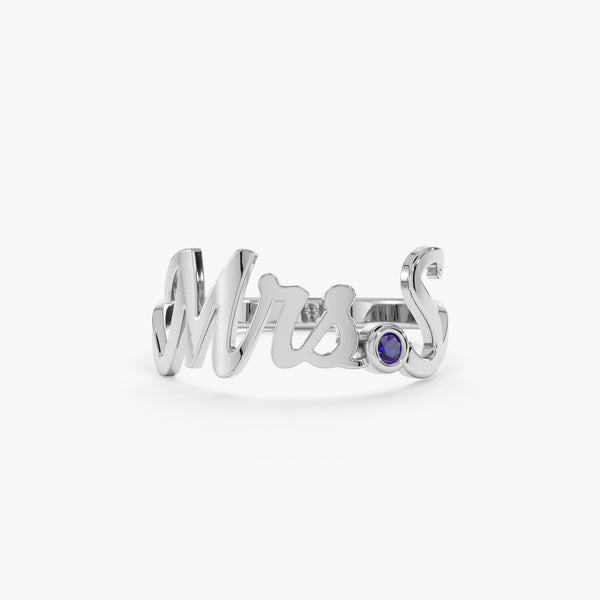 White Gold Mrs. Title and Initial Ring with Sapphire