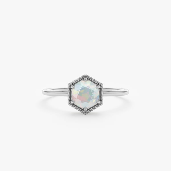 White Gold Hexagon Shape Opal Ring