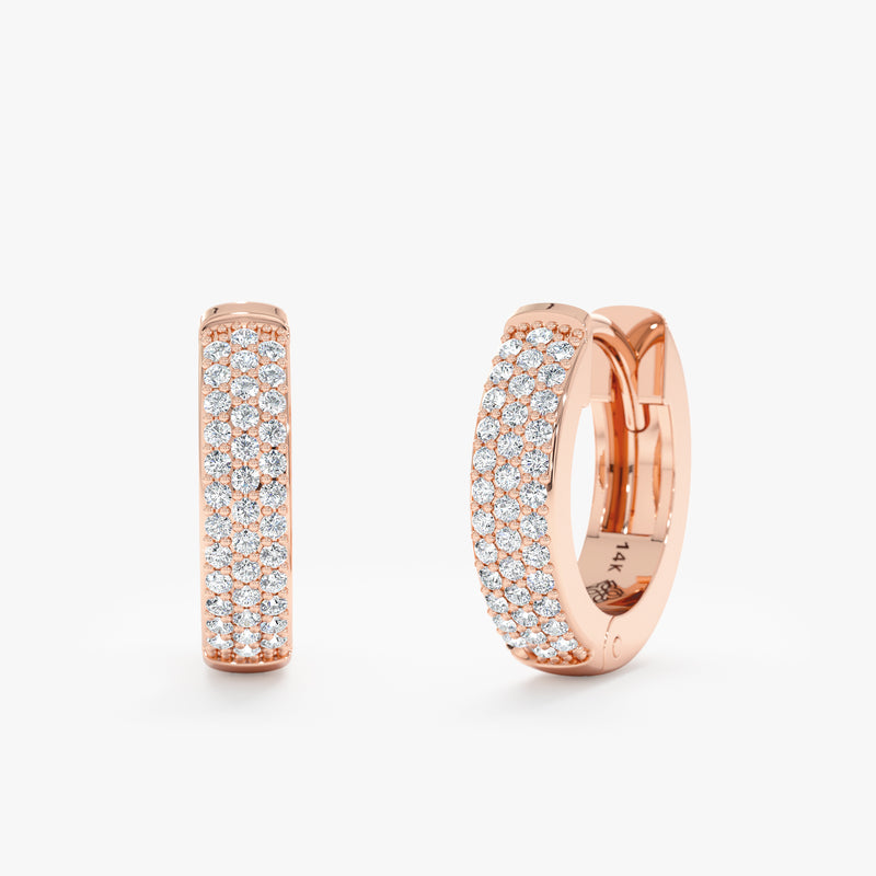 Pair of handmade 14k solid Rose Gold Diamond lined Hoop Earring huggies