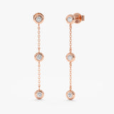 Pair of 14k rose gold 3 bezel drop hanging earring studs