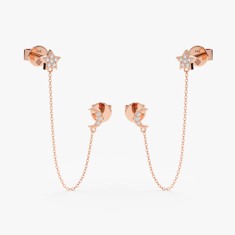 White Gold Diamond Moon and Star Chain Earrings