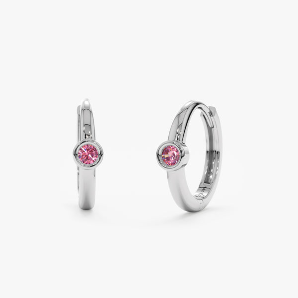 Handcrafted pair of White Gold Pink Tourmaline Huggies