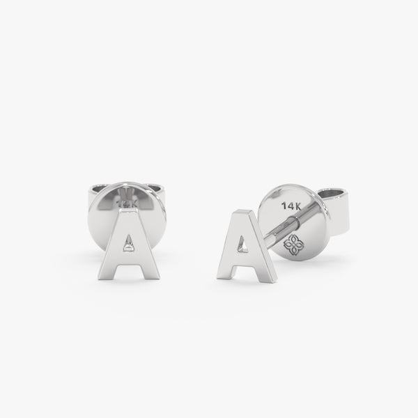 handmade 14k solid White Gold Mini Initial Stud Earrings 