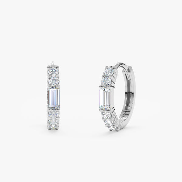 handcrafted pair of solid 14k white gold baguette diamond hoop huggie earrings