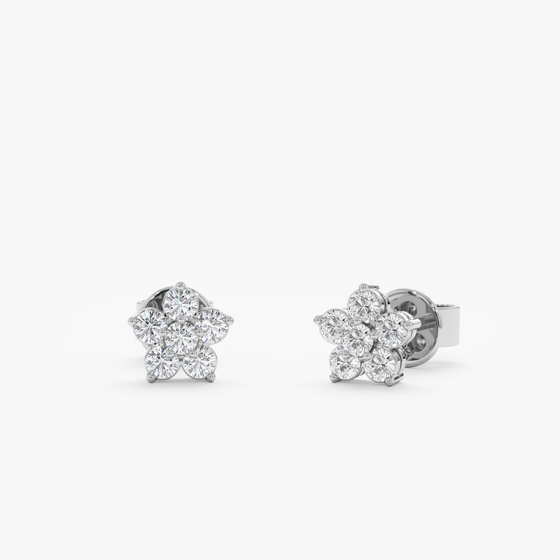 Handcrafted pair of solid 14k White Gold Diamond Flower Earring studs